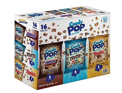 Snack Pop Candy Coated Popcorn Made with Real Candy Pieces Drizzled with Chocolate (NON GMO/Variety Pack/MM's 1 Oz bags), Snickers, Twix, M&M Minis, 16 Count