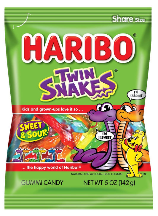 Haribo Twin Snakes Sweet and Sour Gummy Candy, 5 Ounce. Pack of 12